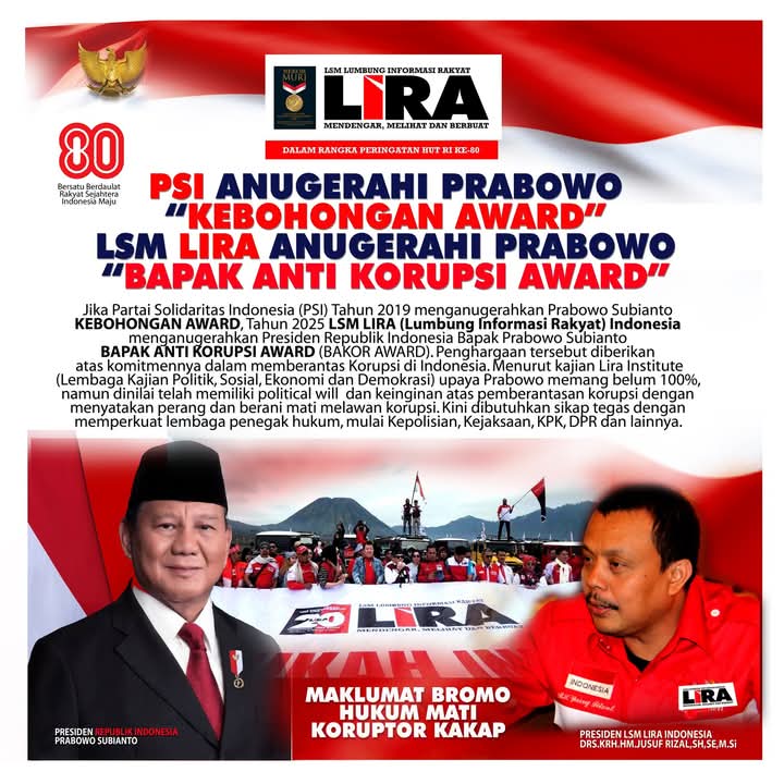 Komitmen Berantas Korupsi, Prabowo Raih Bakor Award LIRA